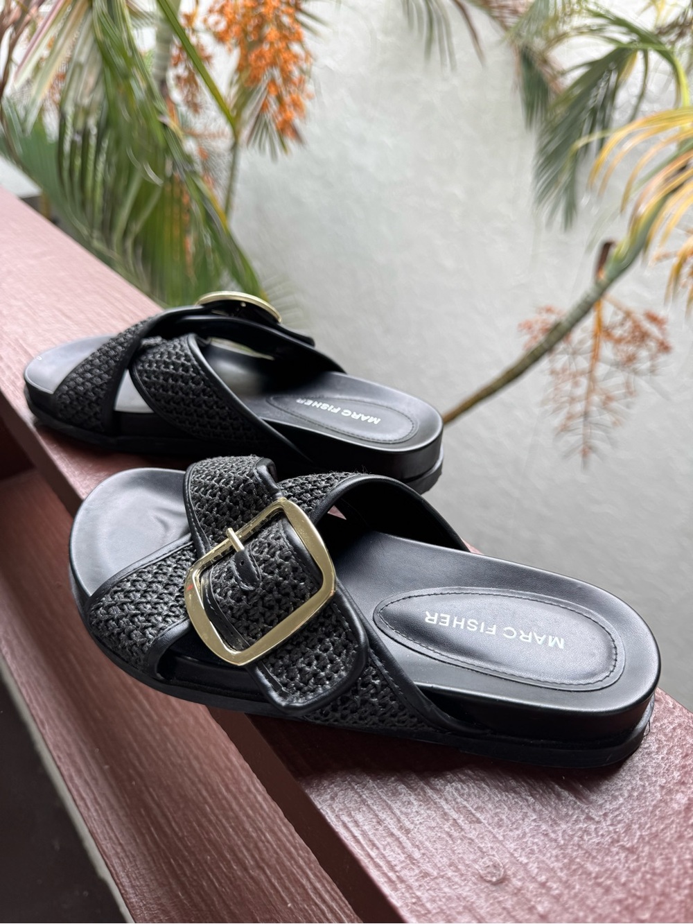 Marc Fisher Black Woven Slide Sandals with Gold Buckle